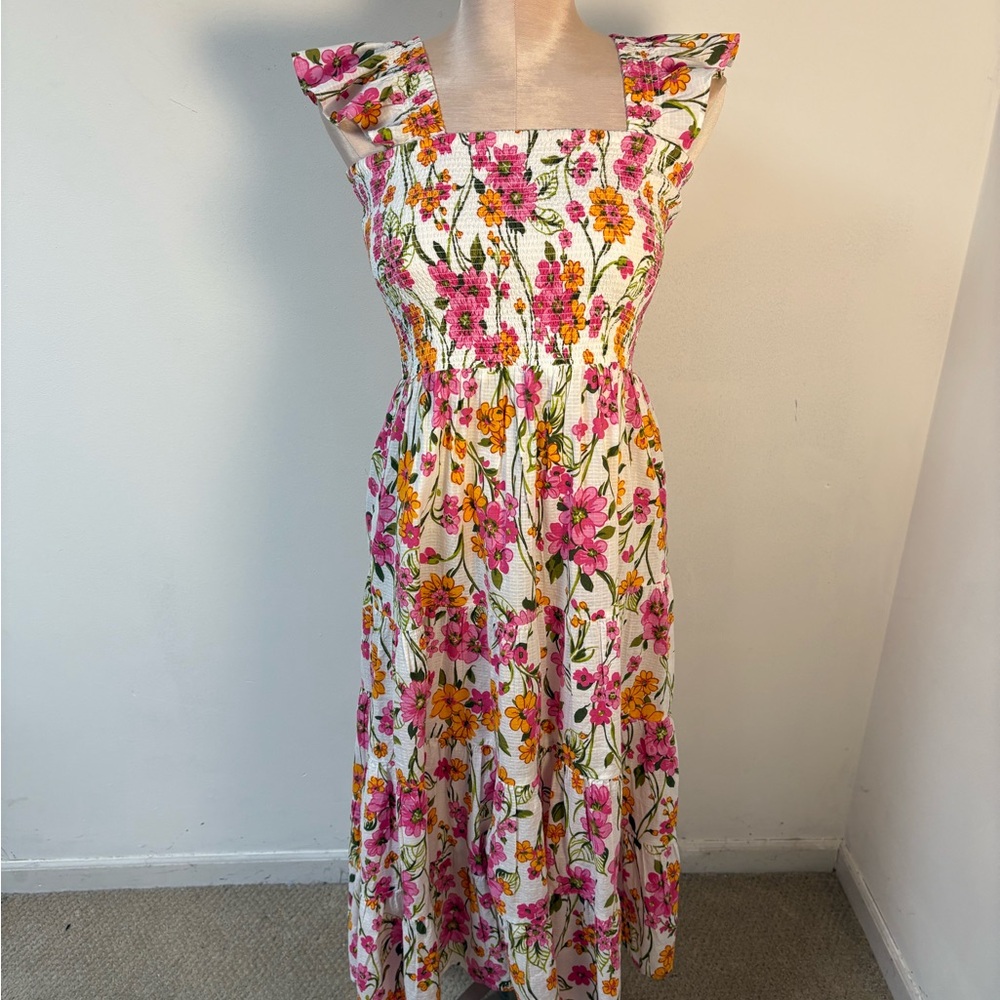 Lands End Womens Floral Smocked Midi Sundress Pink & Yellow Small (4-6)